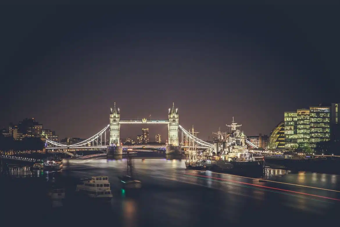 lighted bridge during night time